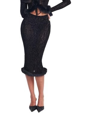 Miss Circle Halia Burnout Velvet Stretch Mesh Faux Fur Trim Skirt - Black