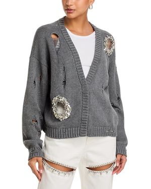 Area Distressed Rhinestone Cardigan - Gray