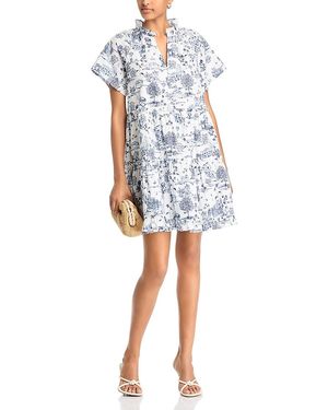 Aqua Toile Short Sleeve Mini Dress - Blue