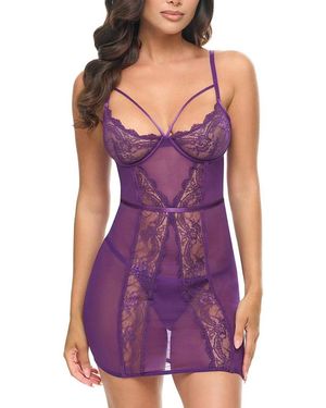 Oh La La Cheri Denise Sheer Lace Babydoll Dress - Purple