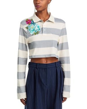 Area Embroidered Flower Rugby Stripe Crop Polo - Blue