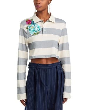 Area Embroidered Flower Rugby Stripe Crop Polo - Blue