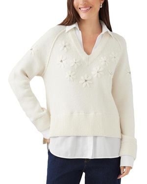 Karen Kane Rhinestone Embroidered Flower Layered Sweater - White