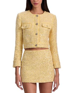 Alice + Olivia Lorie Embellished Crop Tweed Jacket - Yellow