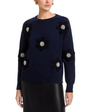Tahari Long Sleeved Fuzze Flowers Crewneck Pullover Sweater - Blue