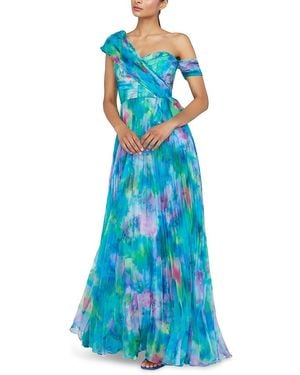 THEIA Davina Printed Pleated Asymmetric Gown - Blue