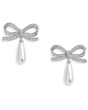 Self-Portrait Crystal Bow Imitation Pearl Droplet Earrings - Metallic
