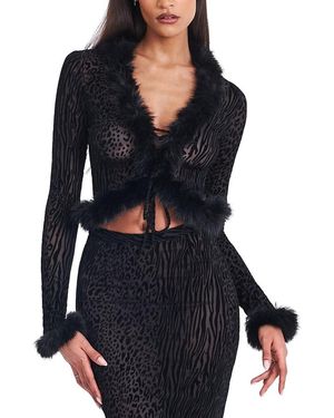 Miss Circle Hali Burnout Velvet Stretch Mesh Faux Fur Trim Top - Black