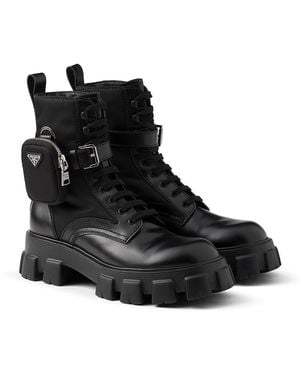 Prada Monolith Brushed Leather And Re-Nylon Boots With Pouch - Black