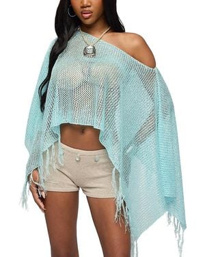 Edikted Sequin Fringe Knit Poncho - Blue