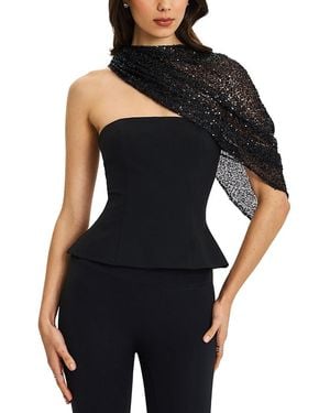 Miss Circle Quinette Peplum Top With Beaded Asymmetrical Cape - Black