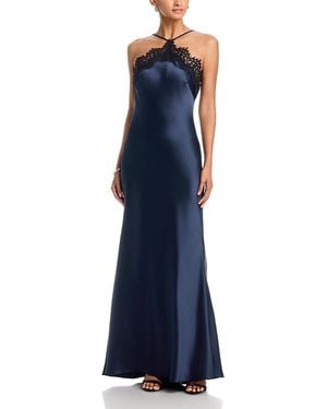 Aqua Long Satin Lace Trim Bias Gown - Blue