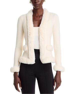 Tahari Faux Fur Trim V Neck Cardigan - White