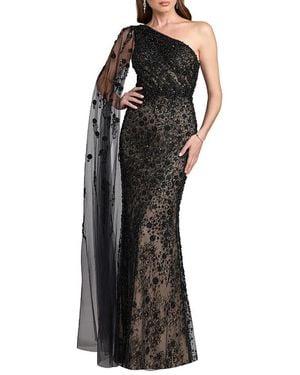 Mac Duggal Embellished Lace One Shoulder Gown With Cape Sleeve - Black