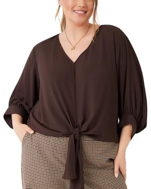 Karen Kane Plus Size Tie Hem Blouson Sleeve Top - Brown