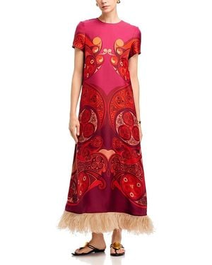 La DoubleJ Placee Swing Dress With Ostrich Feather Trim - Red