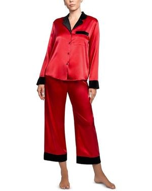 In Bloom Velvet Trim Satin Pajama Set - Red