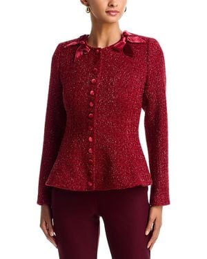Aqua Tweed Peplum Hem Velvet Bow Jacket - Red