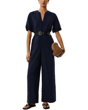 Whistles Linen Blend Tie Waist Jumpsuit - Blue
