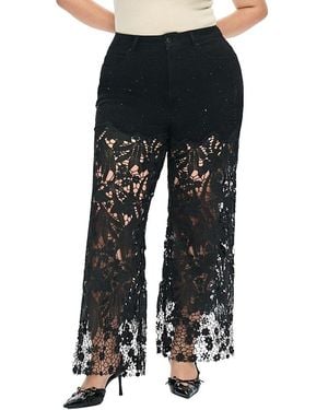 Bayeas Plus Embroidery Wide Leg Lace Jeans With Rhinestone - Black