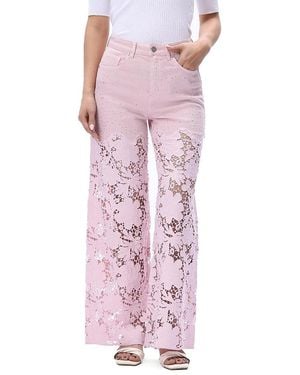 Bayeas Ultra High Rise Lace Patchwork Wide Leg Denim Jeans - Pink