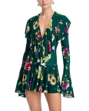 Norma Kamali Long Sleeve Deep V Ruffle Mini Dress in Red | Lyst