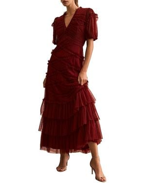 Mint Velvet Short Sleeve Tulle Ruffle Maxi Dress - Red