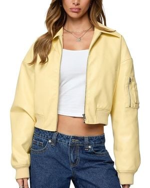 Edikted Zayna Cropped Faux Leather Bomber Jacket - Natural