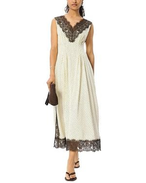 Whistles Petite Lace V Neck Spot Midi Dress - Natural