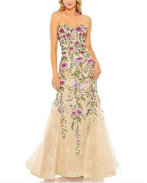 Mac Duggal Strapless Sheer Bustier Embroidered Mermaid Gown - Metallic