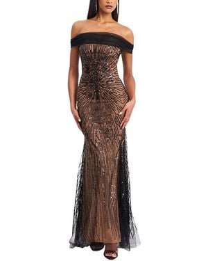 Miss Circle Qeturah Embroidered Sequin Off Shoulder Mesh Gown - Brown