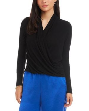 Karen Kane Long Sleeve Ribbed Drape Front Crossover Top - Black