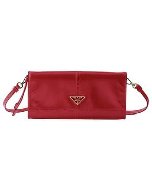 Prada Leather Wallet With Shoulder Strap - Red