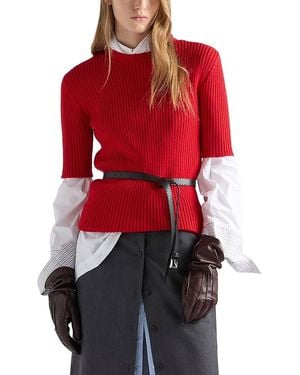 Prada Short Sleeved Ribbed Knit Wool Sweater - Red