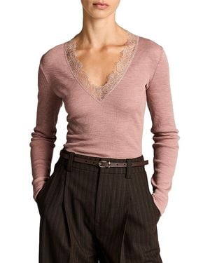 Vince Lace Trim Long Sleeve V Neck Top - Black