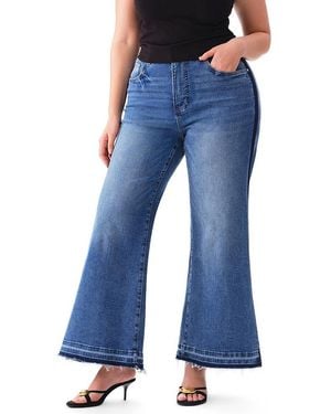 Bayeas Plus Mid Rise Wide Leg Frayed Hem Denim Jeans With Two-Tone Splice - Blue