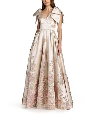 Mac Duggal V Neck Brocade Gown With Bow Straps - Natural