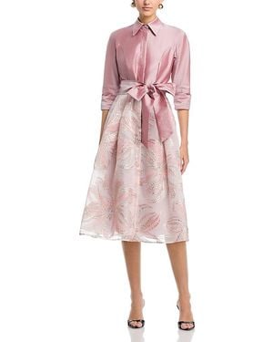 Teri Jon Textured Taffeta Floral Jacquard Shirt Dress - Pink