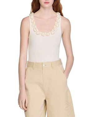 Sandro Beaded Roses Ribbed Knit Top - Natural
