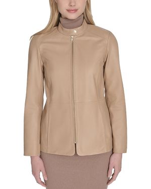 Cole Haan Stand Collar Leather Jacket - Natural