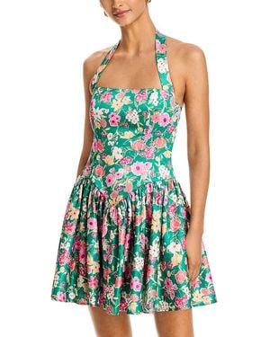 Aqua Floral Halter Drop Waist Mini Dress- Exclusive - Blue