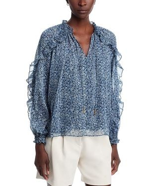Michael Kors Floral Long Sleeve Ruffle Blouse - Blue