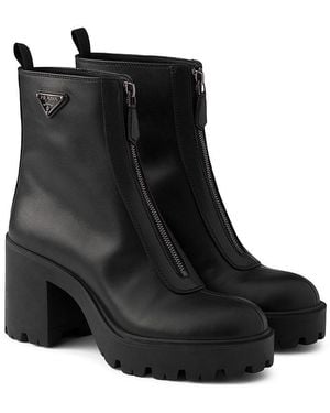 Prada Leather Ankle Boots With Zipper - Black