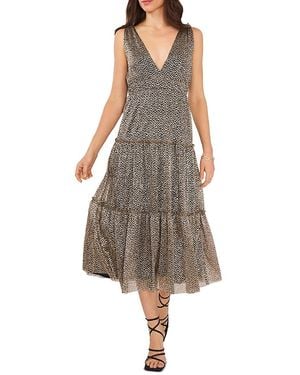 1.STATE Tiered Metallic Floral Print Midi Dress - Brown
