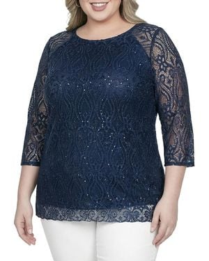Standards & Practices Plus Floral Lace Sequins Tunic Blouse - Blue