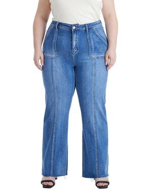 Bayeas Plus High Rise Straight Leg Raw Edge Denim Jeans Stretch Comfortable - Blue