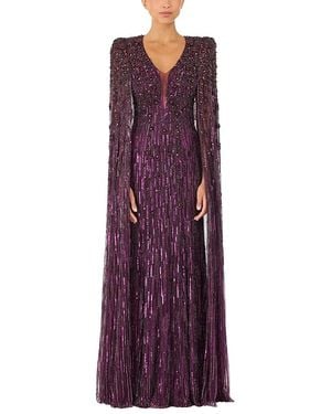 Jenny Packham Sweet Silva Beaded Cape Maxi Dress - Purple