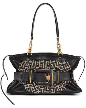 Balmain Leather And Monogram Jacquard Anthem Bag - Black