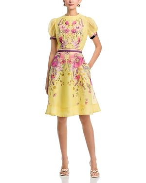 Teri Jon Silken Linen Short Sleeve Placed Floral Print Dress - Yellow