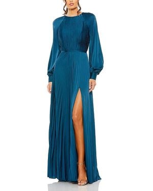 Mac Duggal Pleated High Neck Raglan Long Sleeve Side Slit Gown - Blue